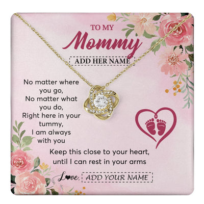 Love Knot Necklace 18K Yellow Gold Finish | 1 | Personalized Mommy To Be Gift Pregnancy Gifts To My Mommy From Baby Bump Necklace Expecting Mom Gifts New Mothers Day Jewellery Custom Gift Box Message Card | https://teecentury.