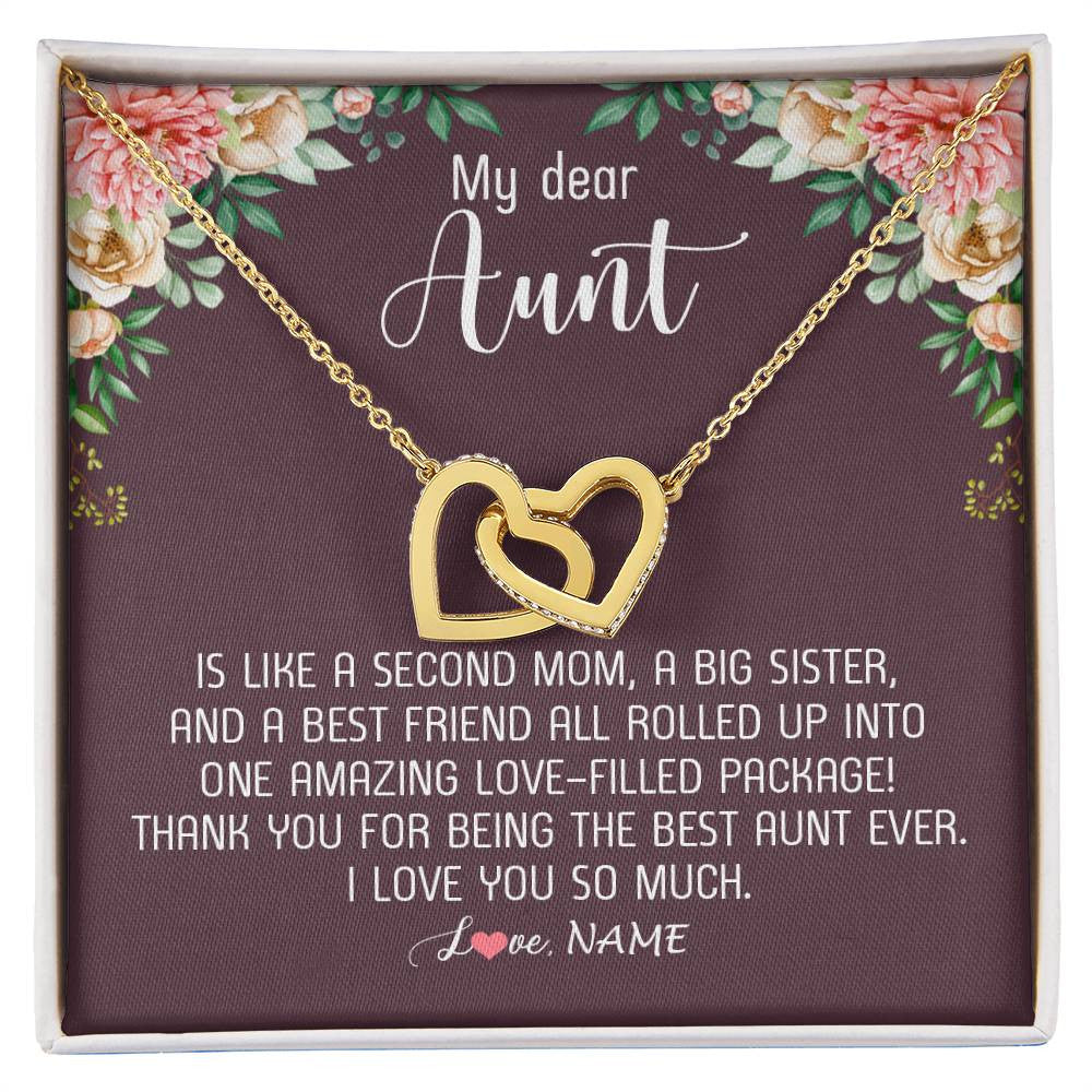 Interlocking Hearts Necklace 18K Yellow Gold Finish | Personalized My Dear Aunt Necklace From Niece Nephew Like A Second Mom Big Sister Aunt Jewelry Birthday Monthers Day Christmas Customized Gift Box Message Card | teecentury