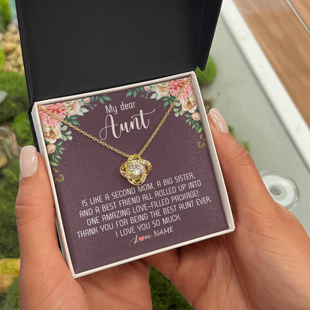 Love Knot Necklace 18K Yellow Gold Finish | Personalized My Dear Aunt Necklace From Niece Nephew Like A Second Mom Big Sister Aunt Jewelry Birthday Monthers Day Christmas Customized Gift Box Message Card | teecentury