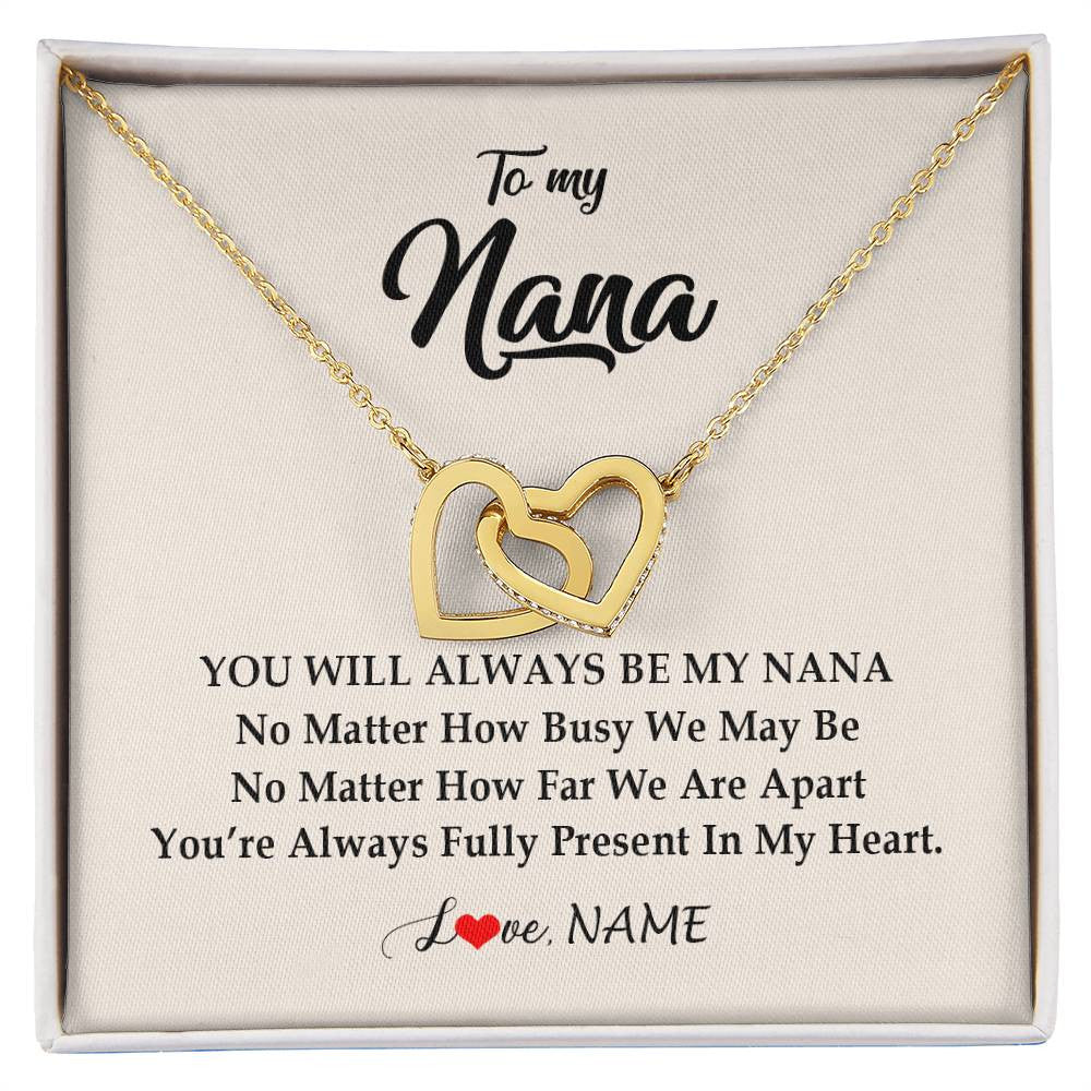 Interlocking Hearts Necklace 18K Yellow Gold Finish | Personalized Nana Necklace From Grandkids Granddaughter Grandson You're Always In My Heart Nana Birthday Mothers Day Christmas Customized Gift Box Message Card | teecentury