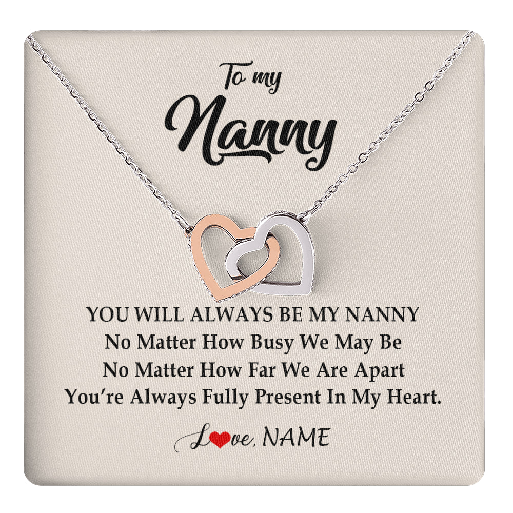 Interlocking Hearts Necklace Stainless Steel & Rose Gold Finish | 1 | Personalized Nanny Necklace You're Always In My Heart Nanny Birthday Mothers Day Christmas Jewelry Pendant Customized Gift Box Message Card | teecentury