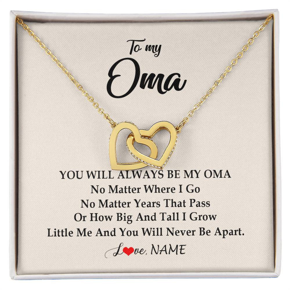Interlocking Hearts Necklace 18K Yellow Gold Finish | Personalized Oma Necklace From Grandkids Granddaughter Grandson You Will Always Be My Oma Birthday Mothers Day Christmas Customized Gift Box Message Card | teecentury