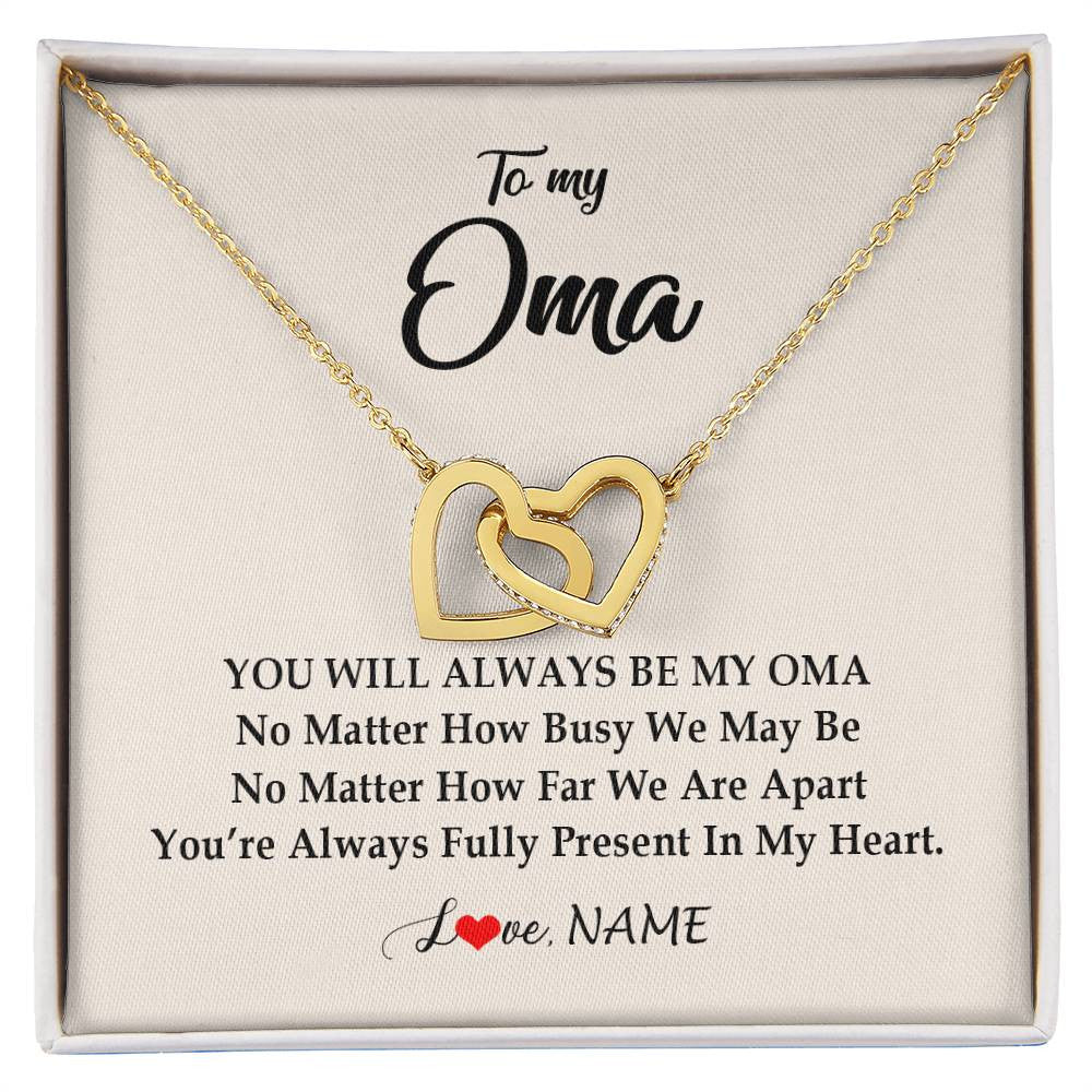 Interlocking Hearts Necklace 18K Yellow Gold Finish | Personalized Oma Necklace From Grandkids Granddaughter Grandson You're Always In My Heart Oma Birthday Mothers Day Christmas Customized Gift Box Message Card | teecentury