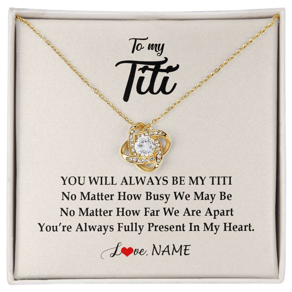 Love Knot Necklace 18K Yellow Gold Finish | Personalized Titi Necklace From Niece Nephew You're Always In My Heart Titi Birthday Mothers Day Christmas Jewelry Pendant Customized Gift Box Message Card | teecentury