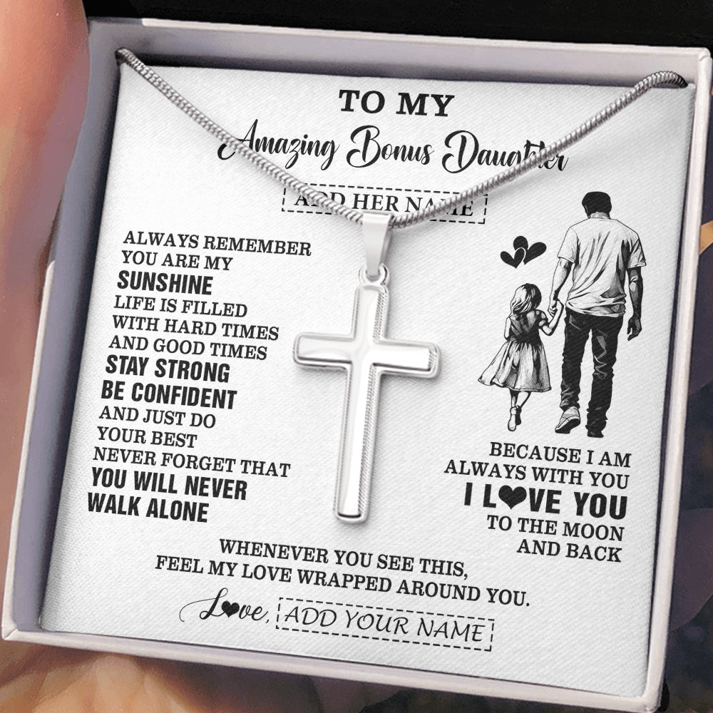 Stainless Cross Necklace Stainless Steel | 2 | Personalized To My Amazing Bonus Daughter Necklace From Bonus Dad Stepdad Man It A Big Hug Stepdaughter Birthday Gifts Christmas Custom Gift Box Message Card | https://teecentury.