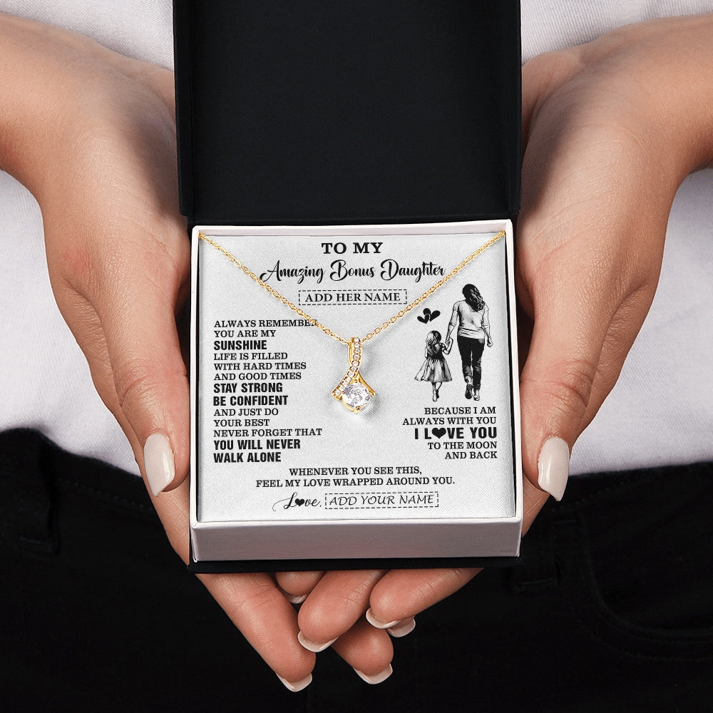 Alluring Beauty Necklace 18K Yellow Gold Finish | 2 | Personalized To My Amazing Bonus Daughter Necklace From Bonus Mom Stepmom Woman It A Big Hug Stepdaughter Birthday Gifts Christmas Custom Gift Box Message Card | https://teecentury.