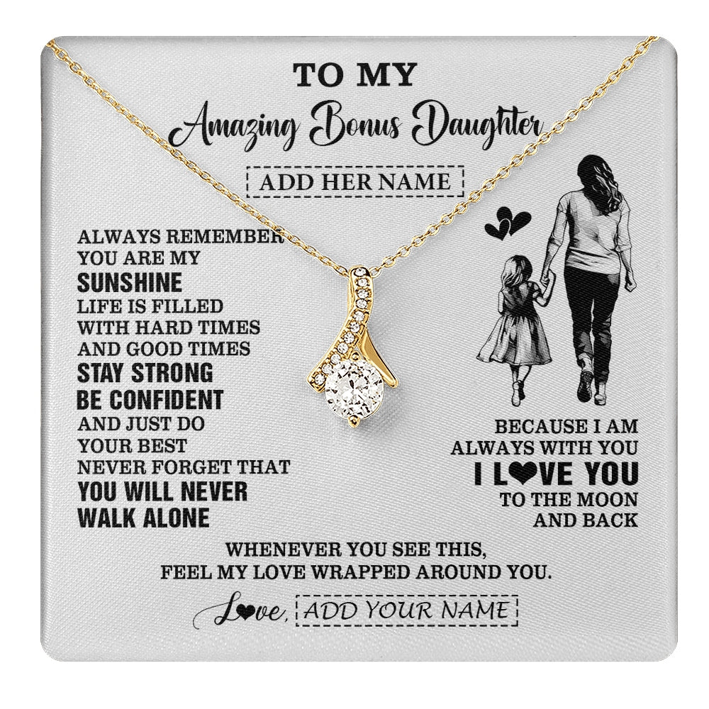 Alluring Beauty Necklace 18K Yellow Gold Finish | 1 | Personalized To My Amazing Bonus Daughter Necklace From Bonus Mom Stepmom Woman It A Big Hug Stepdaughter Birthday Gifts Christmas Custom Gift Box Message Card | https://teecentury.