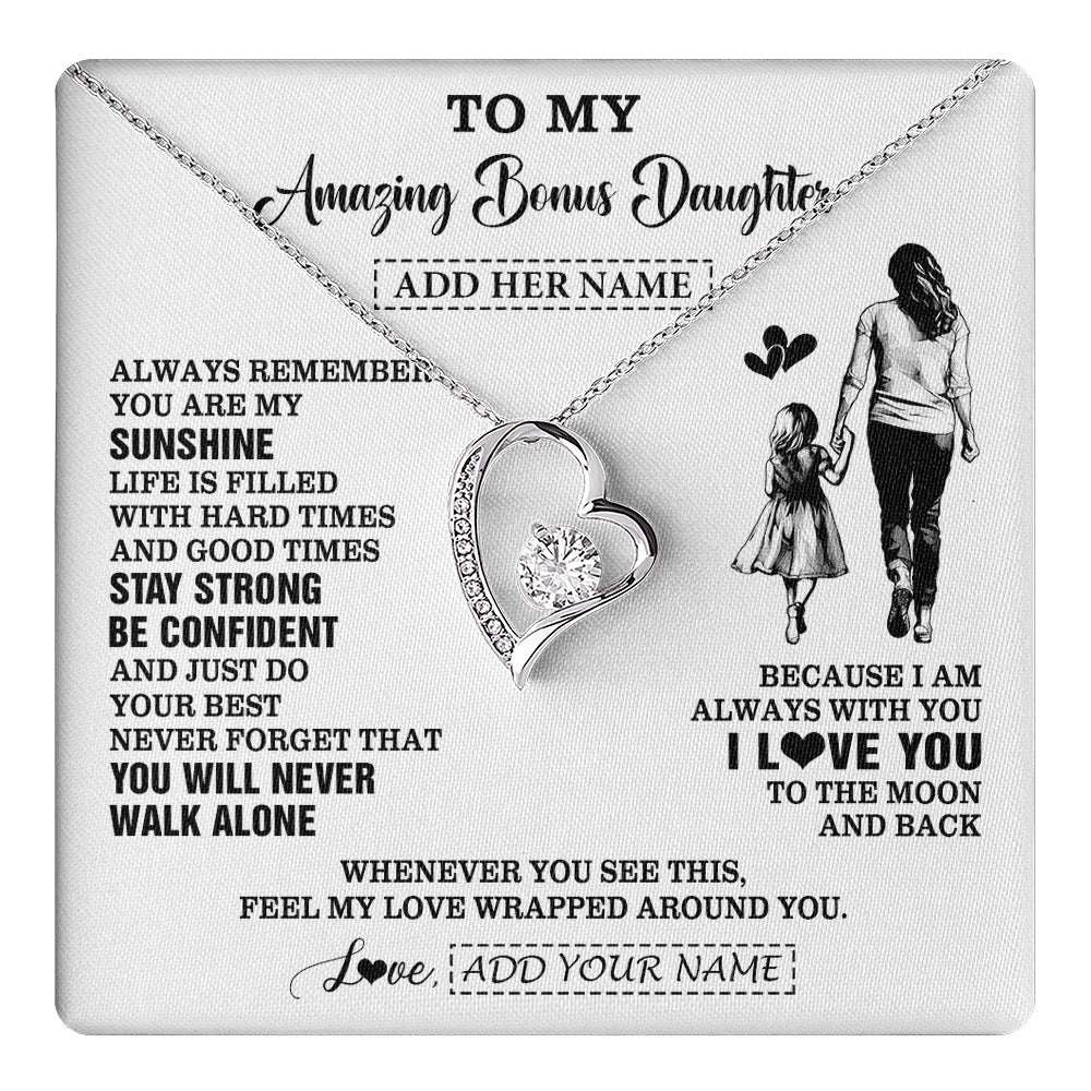 Forever Love Necklace 14K White Gold Finish | 1 | Personalized To My Amazing Bonus Daughter Necklace From Bonus Mom Stepmom Woman It A Big Hug Stepdaughter Birthday Gifts Christmas Custom Gift Box Message Card | https://teecentury.