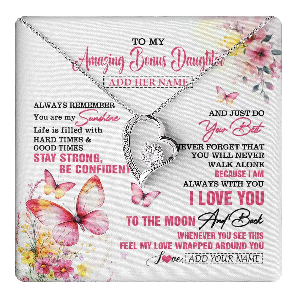 Forever Love Necklace 14K White Gold Finish | 1 | Personalized To My Amazing Bonus Daughter Necklace From Stepmom Stepdad Butterfly It A Big Hug Stepdaughter Birthday Gifts Christmas Gift Box Message Card | https://teecentury.