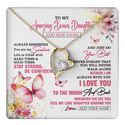 Forever Love Necklace 18K Yellow Gold Finish | 1 | Personalized To My Amazing Bonus Daughter Necklace From Stepmom Stepdad Butterfly It A Big Hug Stepdaughter Birthday Gifts Christmas Gift Box Message Card | https://teecentury.