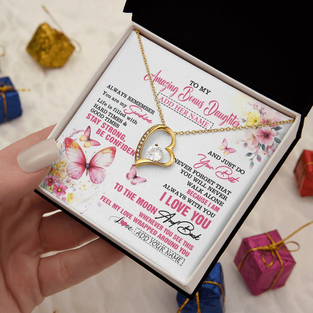 Forever Love Necklace 18K Yellow Gold Finish | 2 | Personalized To My Amazing Bonus Daughter Necklace From Stepmom Stepdad Butterfly It A Big Hug Stepdaughter Birthday Gifts Christmas Gift Box Message Card | https://teecentury.