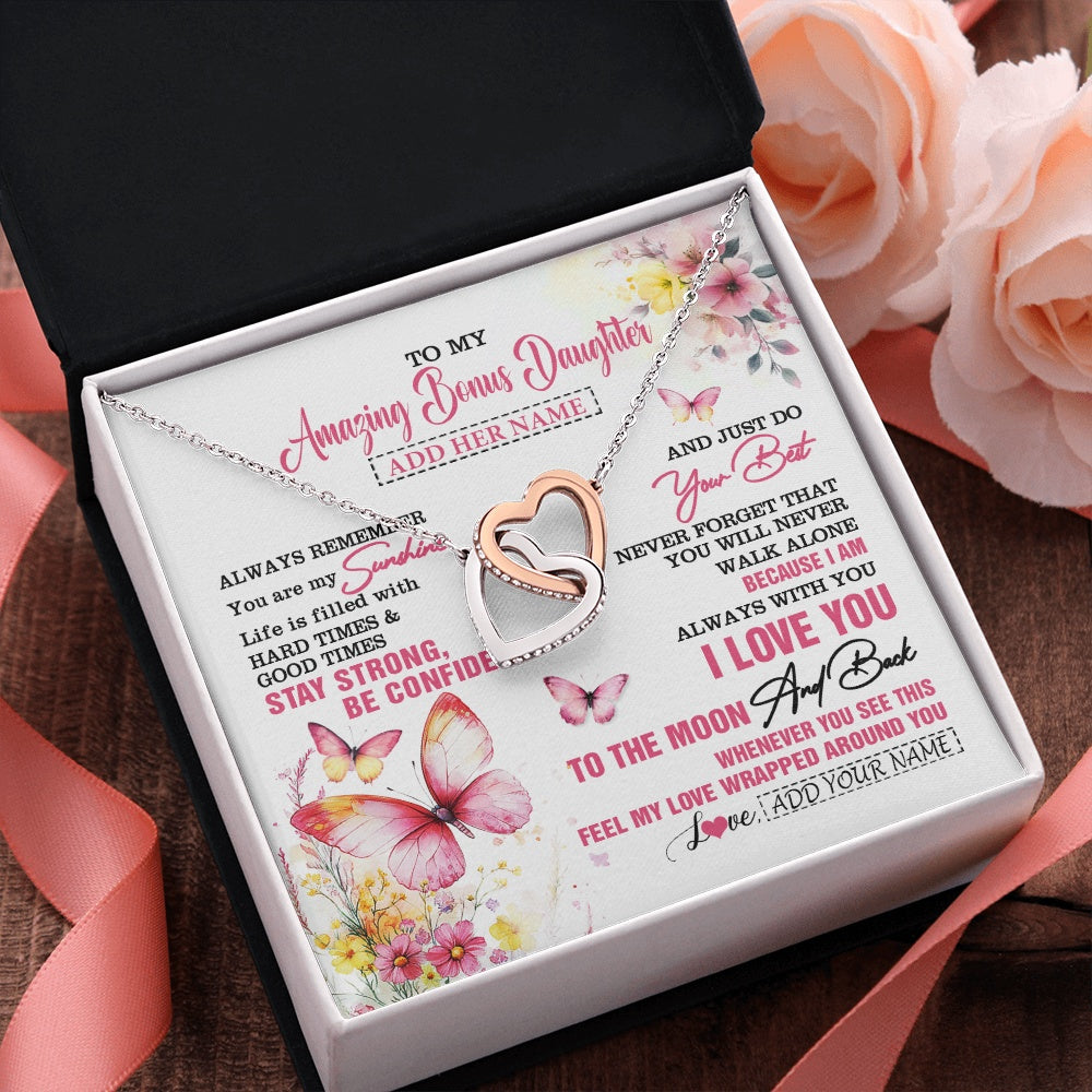 Interlocking Hearts Necklace Stainless Steel & Rose Gold Finish | 2 | Personalized To My Amazing Bonus Daughter Necklace From Stepmom Stepdad Butterfly It A Big Hug Stepdaughter Birthday Gifts Christmas Gift Box Message Card | https://teecentury.