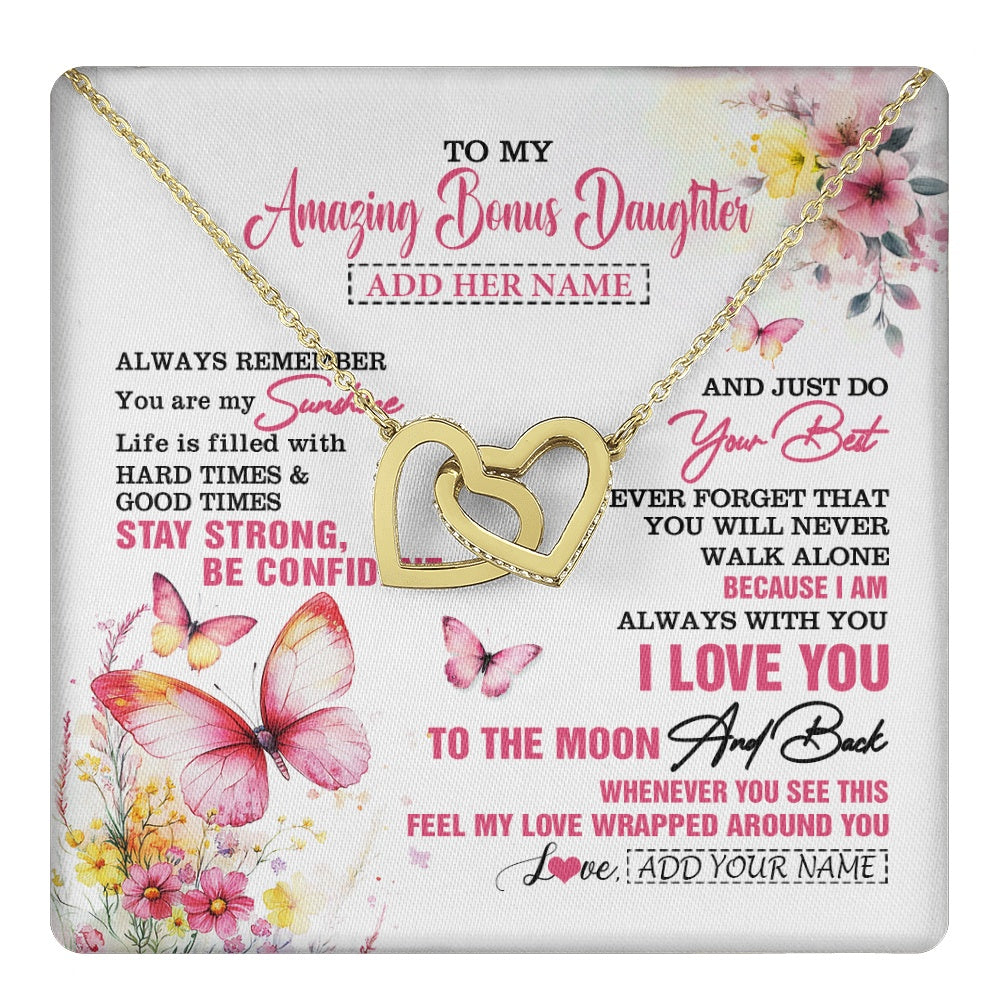 Interlocking Hearts Necklace 18K Yellow Gold Finish | 1 | Personalized To My Amazing Bonus Daughter Necklace From Stepmom Stepdad Butterfly It A Big Hug Stepdaughter Birthday Gifts Christmas Gift Box Message Card | https://teecentury.