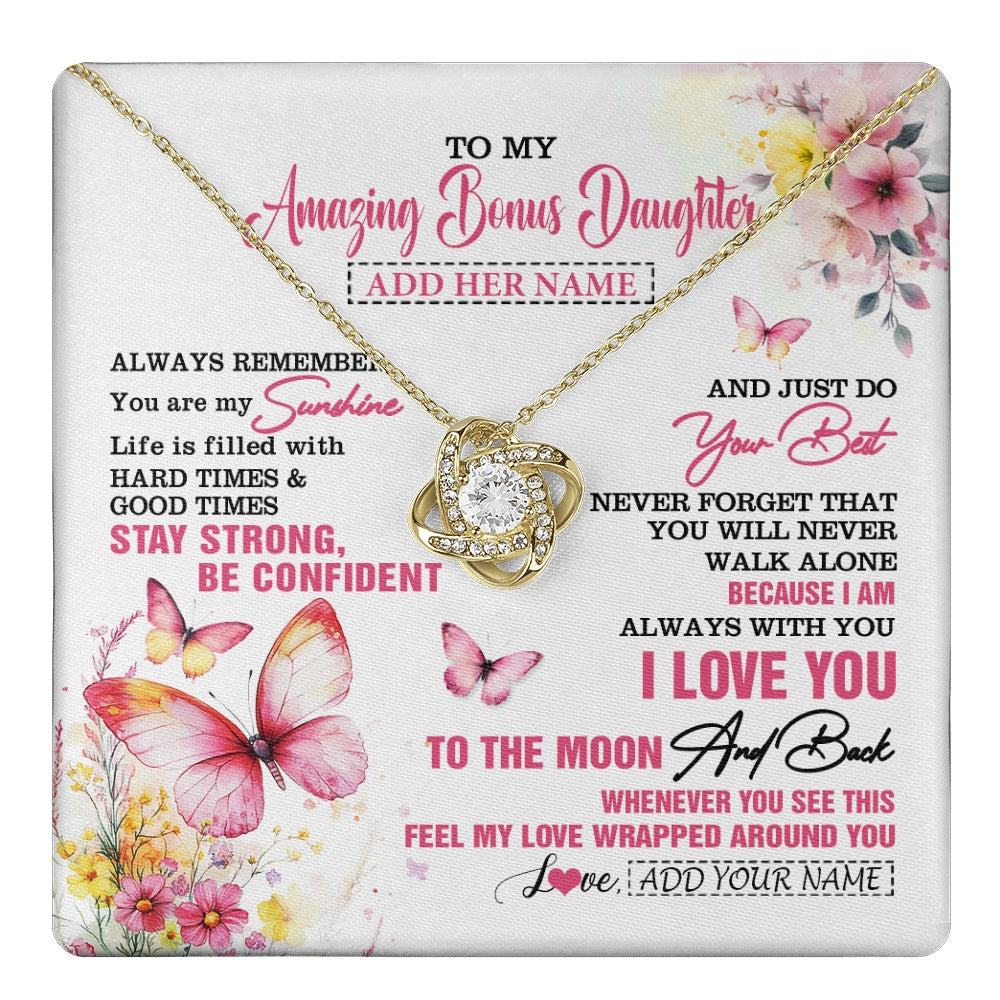 Love Knot Necklace 18K Yellow Gold Finish | 1 | Personalized To My Amazing Bonus Daughter Necklace From Stepmom Stepdad Butterfly It A Big Hug Stepdaughter Birthday Gifts Christmas Gift Box Message Card | https://teecentury.