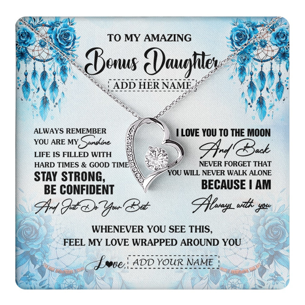 Forever Love Necklace 14K White Gold Finish | 1 | Personalized To My Amazing Bonus Daughter Necklace From Stepmom Stepdad Dream Catcher It A Big Hug Stepdaughter Birthday Gifts Christmas Gift Box Message Card | https://teecentury.