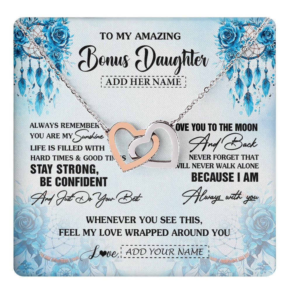 Interlocking Hearts Necklace Stainless Steel & Rose Gold Finish | 1 | Personalized To My Amazing Bonus Daughter Necklace From Stepmom Stepdad Dream Catcher It A Big Hug Stepdaughter Birthday Gifts Christmas Gift Box Message Card | https://teecentury.