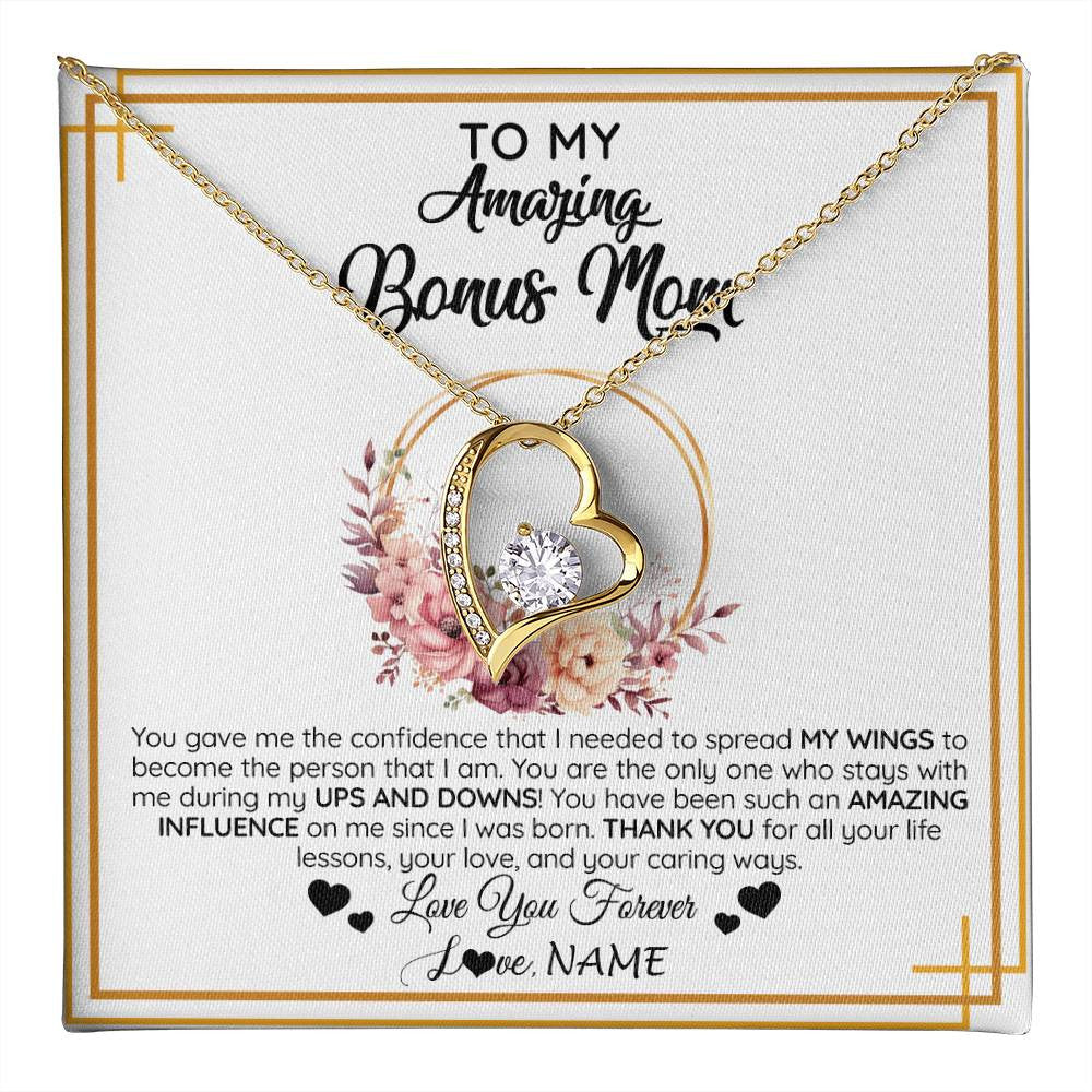Forever Love Necklace 18K Yellow Gold Finish | 1 | Personalized To My Amazing Bonus Mom Necklace From Daughter You Gave Me The Confidence Stepmom Birthday Mothers Day Christmas Customized Gift Box Message Card | teecentury