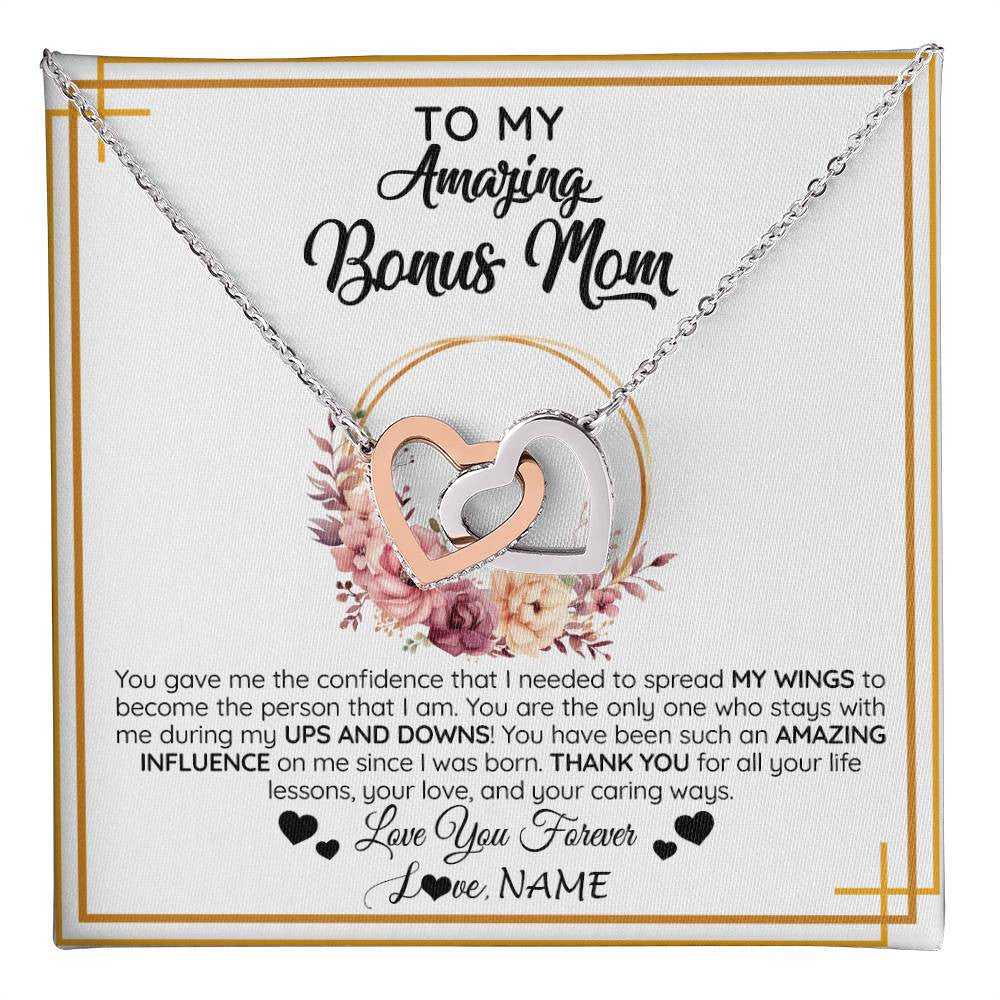 Interlocking Hearts Necklace Stainless Steel & Rose Gold Finish | 1 | Personalized To My Amazing Bonus Mom Necklace From Daughter You Gave Me The Confidence Stepmom Birthday Mothers Day Christmas Customized Gift Box Message Card | teecentury