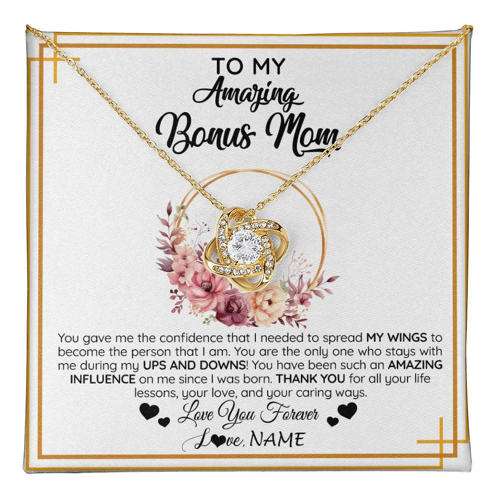 Love Knot Necklace 18K Yellow Gold Finish | 1 | Personalized To My Amazing Bonus Mom Necklace From Daughter You Gave Me The Confidence Stepmom Birthday Mothers Day Christmas Customized Gift Box Message Card | teecentury