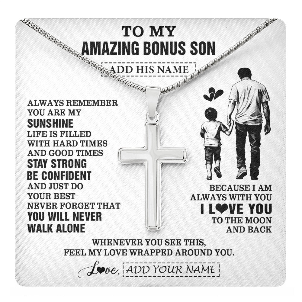 Stainless Cross Necklace Stainless Steel | 1 | Personalized To My Amazing Bonus Son Necklace From Bonus Dad Stepdad Man It A Big Hug Stepson Birthday Gifts Graduation Christmas Custom Gift Box Message Card | https://teecentury.