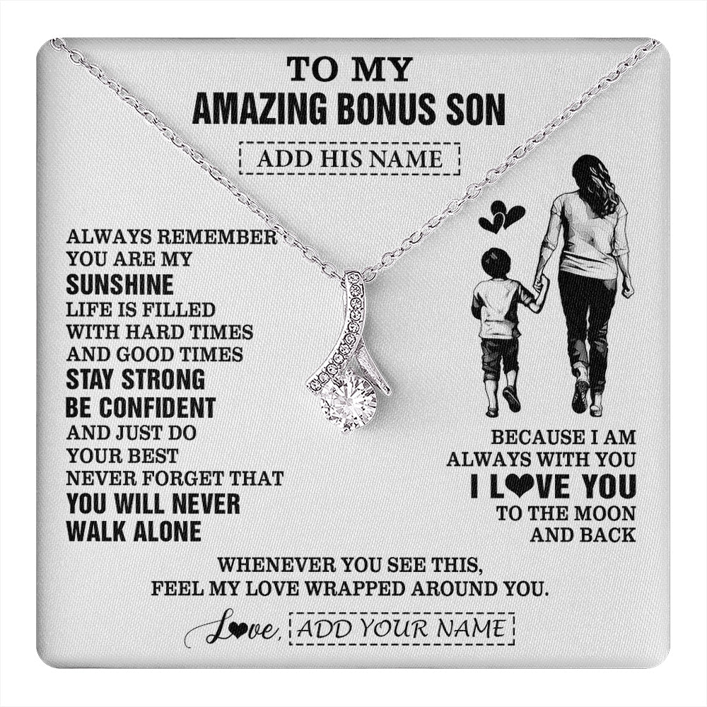 Alluring Beauty Necklace 14K White Gold Finish | 1 | Personalized To My Amazing Bonus Son Necklace From Bonus Mom Stepmom Woman It A Big Hug Stepson Birthday Gifts Graduation Christmas Gift Box Message Card | https://teecentury.