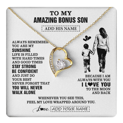 Forever Love Necklace 18K Yellow Gold Finish | 1 | Personalized To My Amazing Bonus Son Necklace From Bonus Mom Stepmom Woman It A Big Hug Stepson Birthday Gifts Graduation Christmas Gift Box Message Card | https://teecentury.