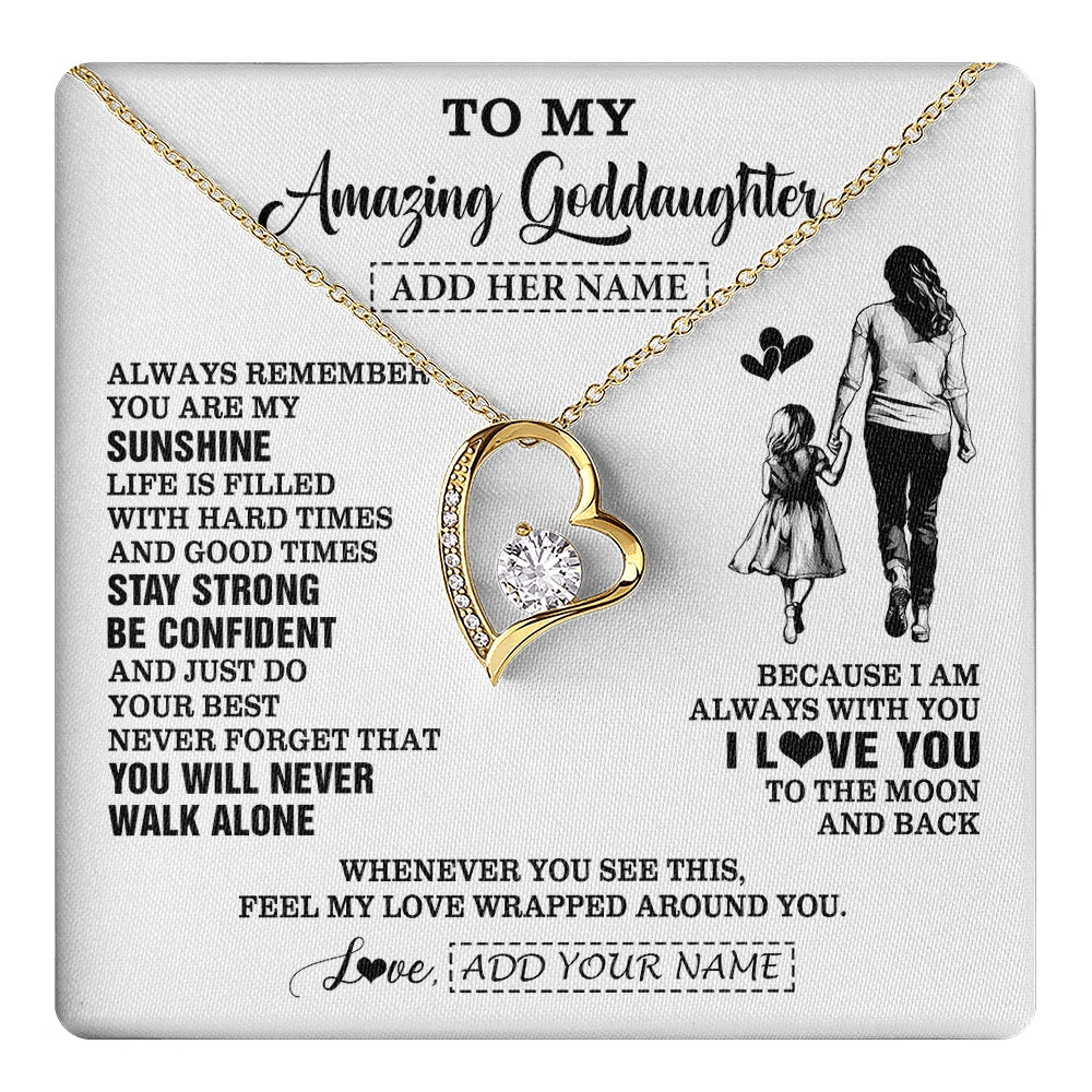 Forever Love Necklace 18K Yellow Gold Finish | 1 | Personalized To My Amazing Goddaughter Necklace From Godmother Aunt Woman It A Big Hug Goddaughter Birthday Gifts Graduation Christmas Gift Box Message Card | https://teecentury.