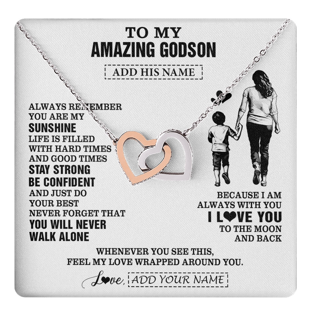 Interlocking Hearts Necklace Stainless Steel & Rose Gold Finish | 1 | Personalized To My Amazing Godson Necklace From Godmother Aunt Woman It A Big Hug Godson Birthday Gifts Graduation Christmas Custom Gift Box Message Card | https://teecentury.