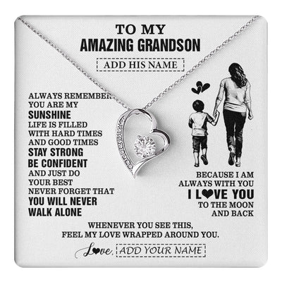 Forever Love Necklace 14K White Gold Finish | 1 | Personalized To My Amazing Grandson Necklace From Grandma Gigi Woman It A Big Hug Grandson Birthday Gifts Graduation Christmas Custom Gift Box Message Card | https://teecentury.