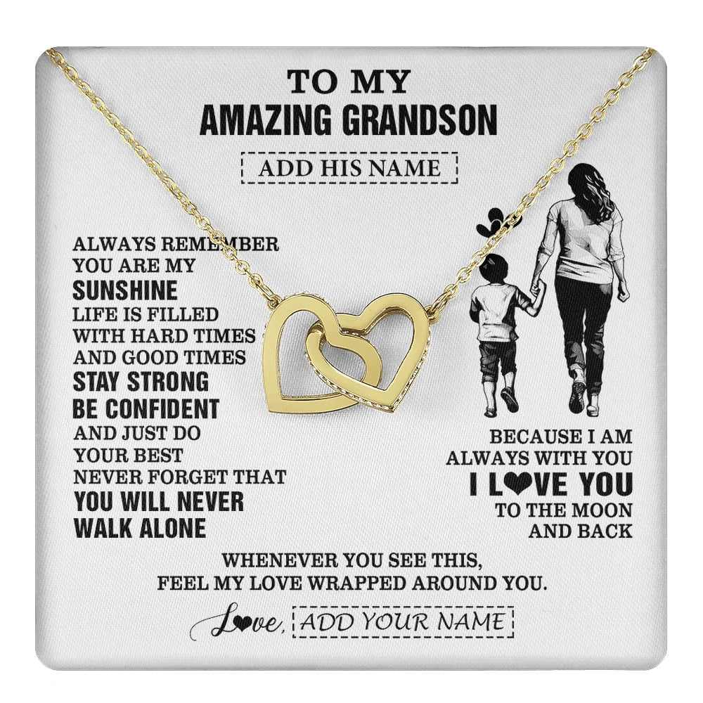 Interlocking Hearts Necklace 18K Yellow Gold Finish | 1 | Personalized To My Amazing Grandson Necklace From Grandma Gigi Woman It A Big Hug Grandson Birthday Gifts Graduation Christmas Custom Gift Box Message Card | https://teecentury.