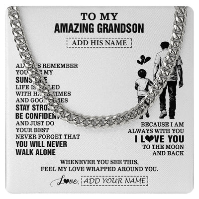 Cuban Link Chain Necklace Stainless Steel | 1 | Personalized To My Amazing Grandson Necklace From Grandpa Papa Man It A Big Hug Grandson Birthday Gifts Graduation Christmas Custom Gift Box Message Card | https://teecentury.