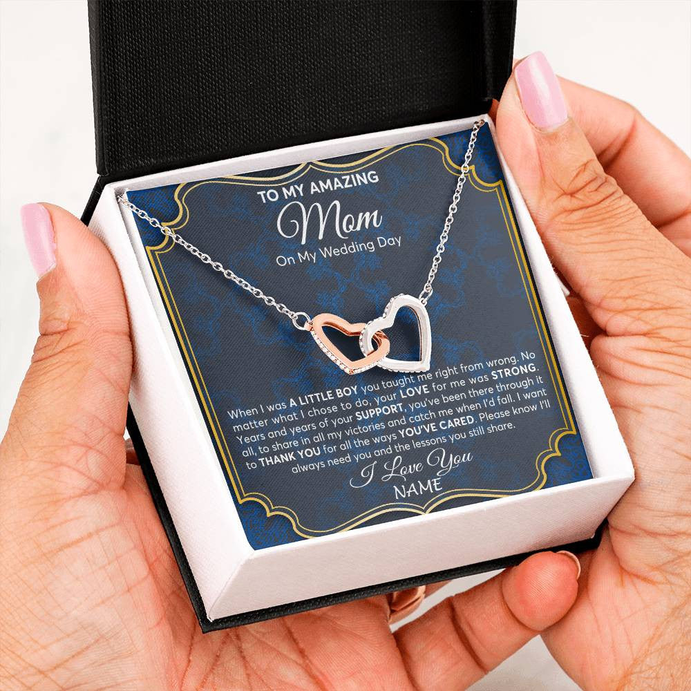 Interlocking Hearts Necklace Stainless Steel & Rose Gold Finish | Personalized To My Amazing Mom Mother Of Groom From Son Necklace Wedding Gift For Mother When I Was A Little Boy Jewelry Customized Gift Box Message Card | teecentury