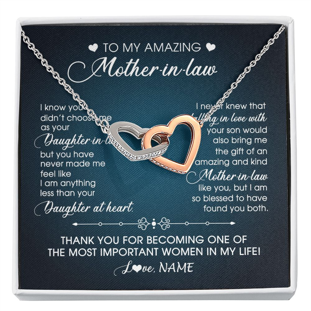 Interlocking Hearts Necklace | Personalized To My Amazing Mother In Law Necklace From Daughter Amazing And Kind Mother In Law Birthday Christmas Jewelry Customized Gift Box Message Card | teecentury