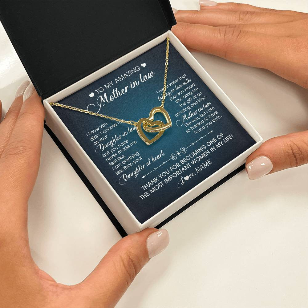 Interlocking Hearts Necklace 18K Yellow Gold Finish | 2 | Personalized To My Amazing Mother In Law Necklace From Daughter Amazing And Kind Mother In Law Birthday Christmas Jewelry Customized Gift Box Message Card | teecentury