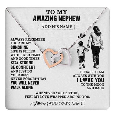Interlocking Hearts Necklace Stainless Steel & Rose Gold Finish | 1 | Personalized To My Amazing Nephew Necklace From Aunt Auntie Woman It A Big Hug Nephew Birthday Gifts Graduation Christmas Custom Gift Box Message Card | https://teecentury.