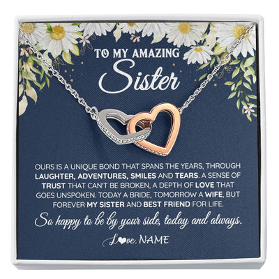 Interlocking Hearts Necklace Stainless Steel & Rose Gold Finish | 1 | Personalized To My Amazing Sister On Her Wedding Day Necklace Forever My Sister Bride From Sister Wedding Day Gift Ideas Customized Gift Box Message Card | teecentury