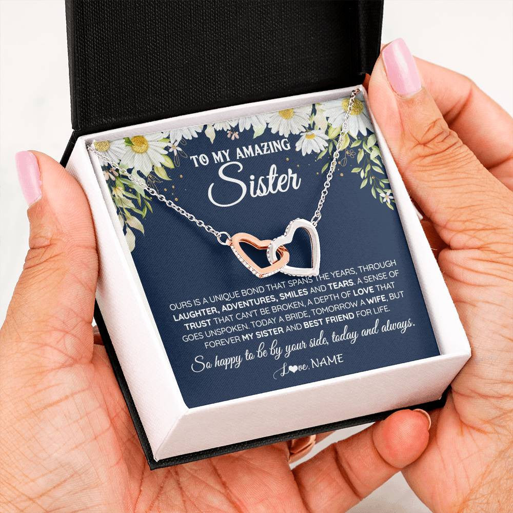 Interlocking Hearts Necklace Stainless Steel & Rose Gold Finish | 2 | Personalized To My Amazing Sister On Her Wedding Day Necklace Forever My Sister Bride From Sister Wedding Day Gift Ideas Customized Gift Box Message Card | teecentury