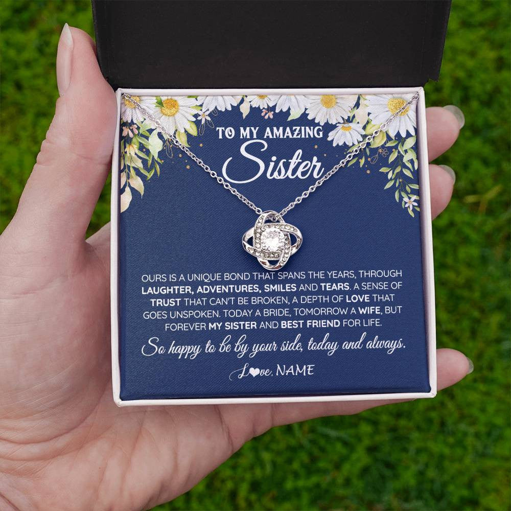 Love Knot Necklace 14K White Gold Finish | 2 | Personalized To My Amazing Sister On Her Wedding Day Necklace Forever My Sister Bride From Sister Wedding Day Gift Ideas Customized Gift Box Message Card | teecentury