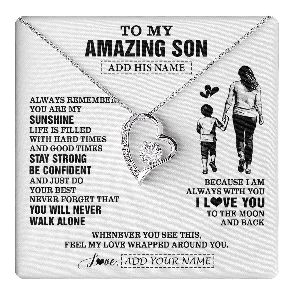 Forever Love Necklace 14K White Gold Finish | 1 | Personalized To My Amazing Son Necklace From Mom Mother Woman It A Big Hug Son Birthday Gifts Graduation Christmas Custom Gift Box Message Card | https://teecentury.