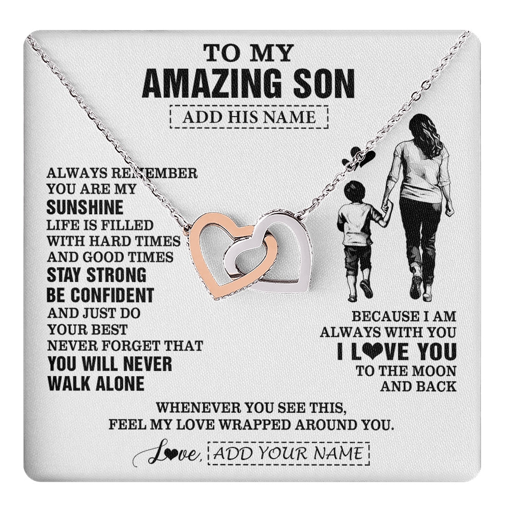 Interlocking Hearts Necklace Stainless Steel & Rose Gold Finish | 1 | Personalized To My Amazing Son Necklace From Mom Mother Woman It A Big Hug Son Birthday Gifts Graduation Christmas Custom Gift Box Message Card | https://teecentury.