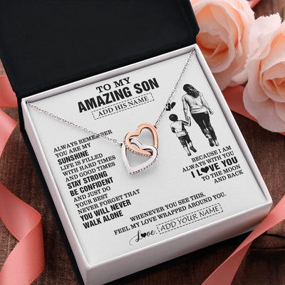 Interlocking Hearts Necklace Stainless Steel & Rose Gold Finish | 2 | Personalized To My Amazing Son Necklace From Mom Mother Woman It A Big Hug Son Birthday Gifts Graduation Christmas Custom Gift Box Message Card | https://teecentury.