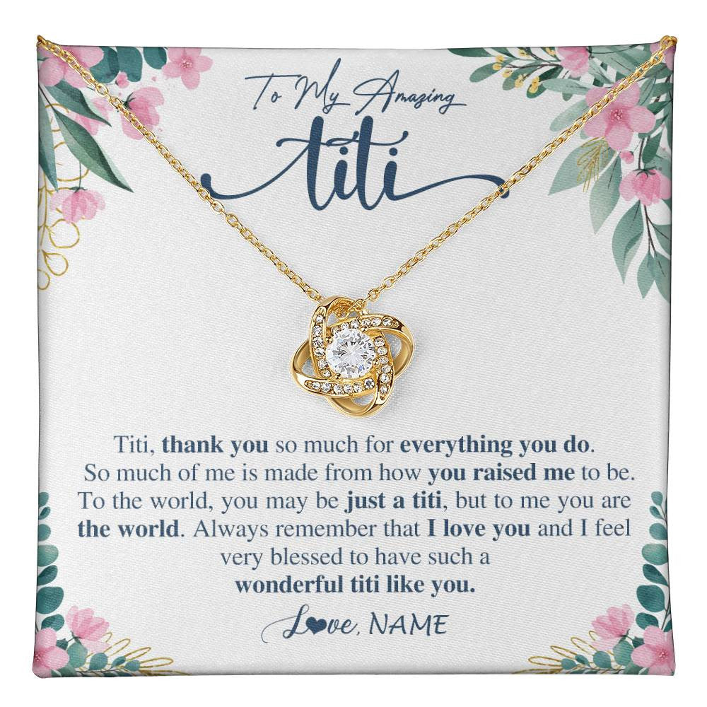 Love Knot Necklace 18K Yellow Gold Finish | 1 | Personalized To My Amazing Titi Necklace From Niece Nephew Thank You For Everything You Do Titi Mothers Day Birthday Christmas Customized Gift Box Message Card | teecentury