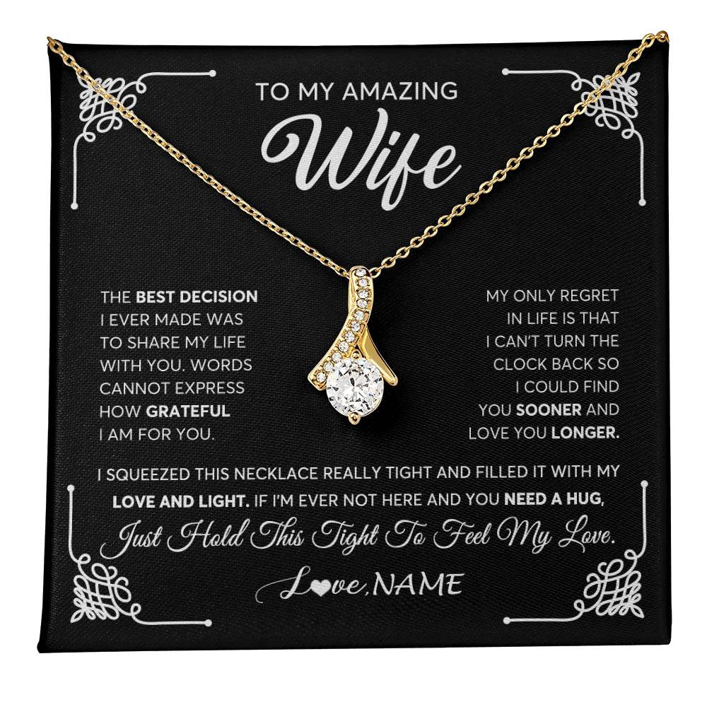 Alluring Beauty Necklace 18K Yellow Gold Finish | 1 | Personalized To My Amazing Wife Necklace From Husband The Best Decision I Ever Made Wife Wedding Day Birthday Christmas Customized Gift Box Message Card | teecentury