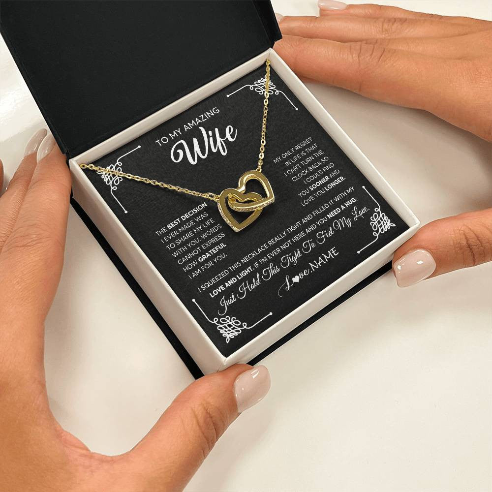 Interlocking Hearts Necklace 18K Yellow Gold Finish | 2 | Personalized To My Amazing Wife Necklace From Husband The Best Decision I Ever Made Wife Wedding Day Birthday Christmas Customized Gift Box Message Card | teecentury