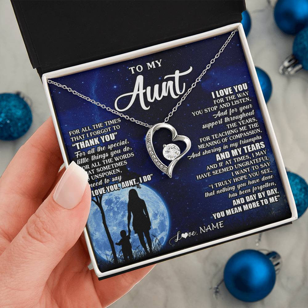 Forever Love Necklace 14K White Gold Finish | 2 | Personalized To My Aunt Necklace From Nephew Niece Thank You Grateful Love Aunt Birthday Mothers Day Thanksgiving Christmas Customized Gift Box Message Card | teecentury