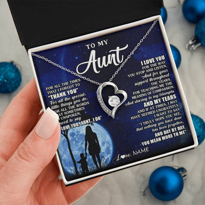 Forever Love Necklace 14K White Gold Finish | 2 | Personalized To My Aunt Necklace From Nephew Niece Thank You Grateful Love Aunt Birthday Mothers Day Thanksgiving Christmas Customized Gift Box Message Card | teecentury