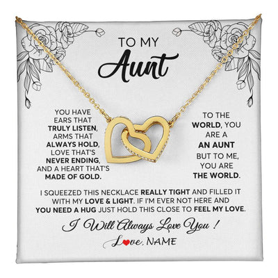 Interlocking Hearts Necklace 18K Yellow Gold Finish | 1 | Personalized To My Aunt Necklace From Niece Nephew Hold This Close Feel My Love Aunt Birthday Mothers Day Christmas Jewelry Customized Gift Box Message Card | teecentury