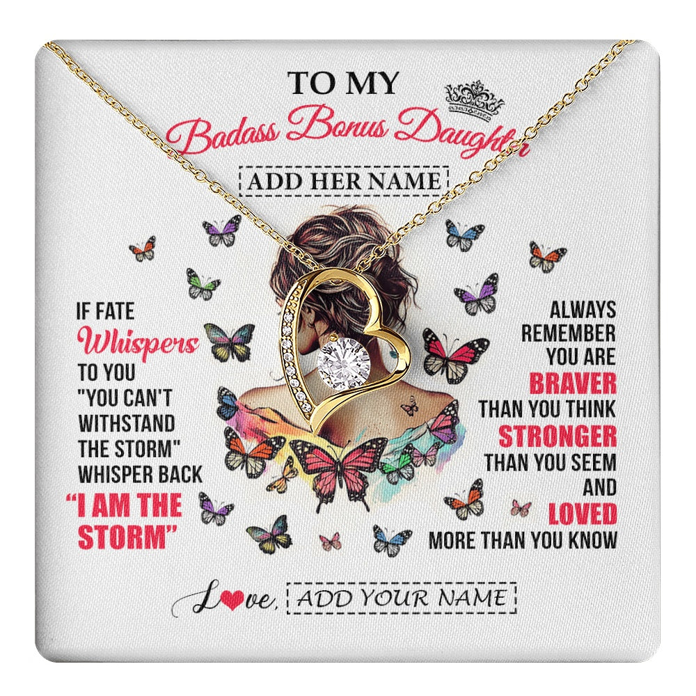Forever Love Necklace 18K Yellow Gold Finish | 1 | Personalized To My Badass Bonus Daughter From Step Dad Step Mom Necklace I Am The Storm Stepdaughter Gifts Birthday Christmas Custom Gift Box Message Card | https://teecentury.