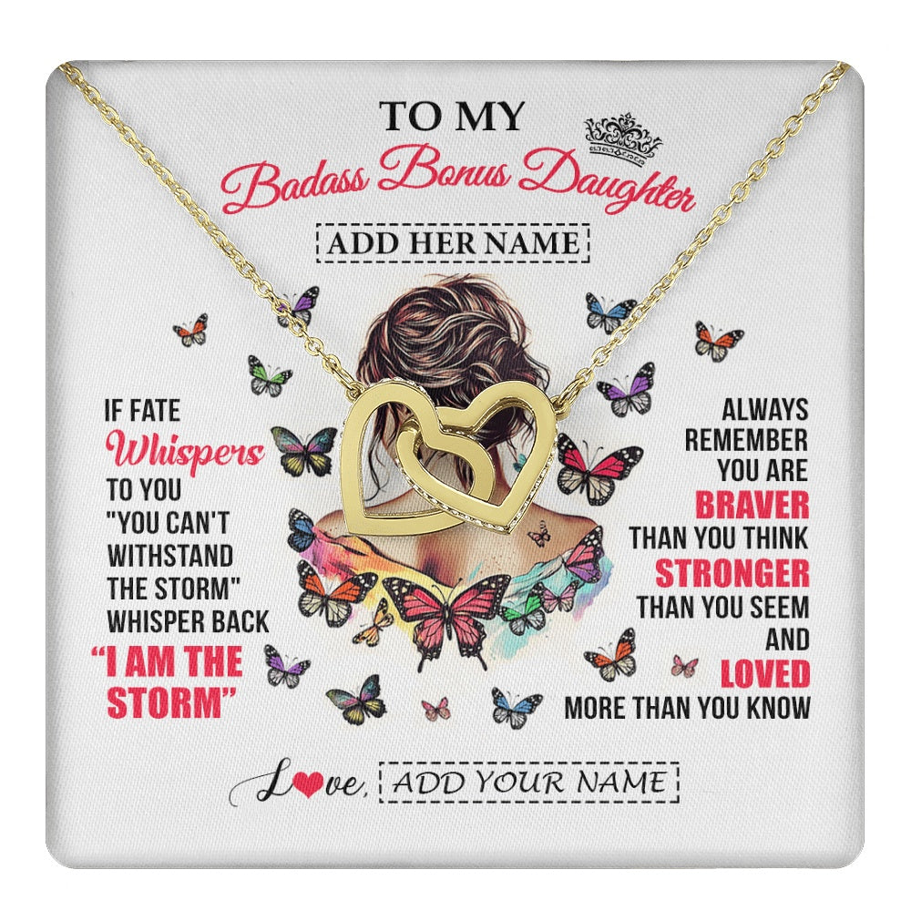 Interlocking Hearts Necklace 18K Yellow Gold Finish | 1 | Personalized To My Badass Bonus Daughter From Step Dad Step Mom Necklace I Am The Storm Stepdaughter Gifts Birthday Christmas Custom Gift Box Message Card | https://teecentury.