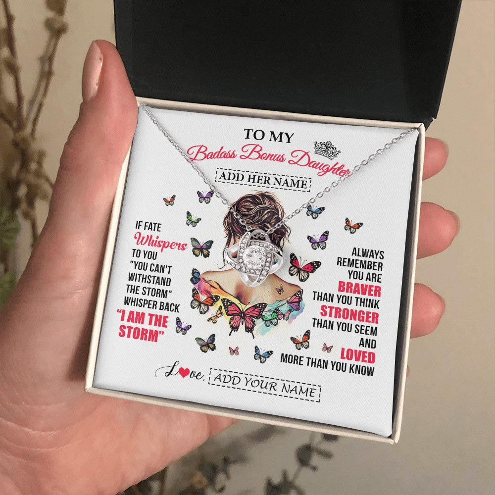 Love Knot Necklace 14K White Gold Finish | 2 | Personalized To My Badass Bonus Daughter From Step Dad Step Mom Necklace I Am The Storm Stepdaughter Gifts Birthday Christmas Custom Gift Box Message Card | https://teecentury.